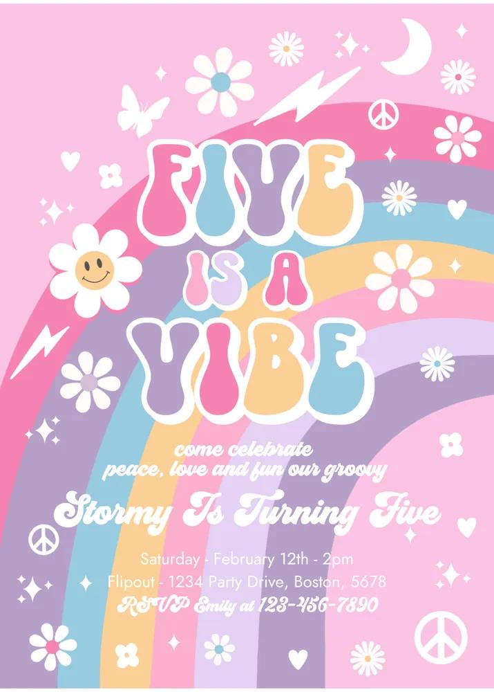 Five Is A Vibe 5th Birthday Invitation | Editable Canva Template Pink Groovy
