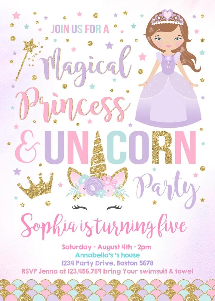 Unicorn and Princess Birthday Invitation - Editable Canva Template DIY
