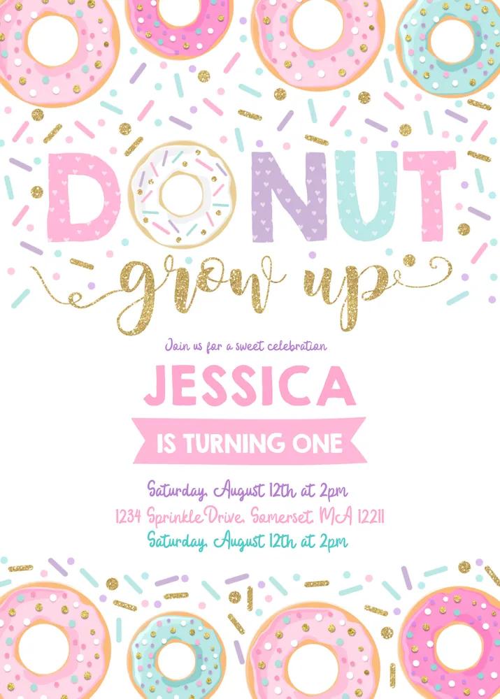 Donut Grow Up 1st Birthday Invitation | Editable Canva Template Instant Download