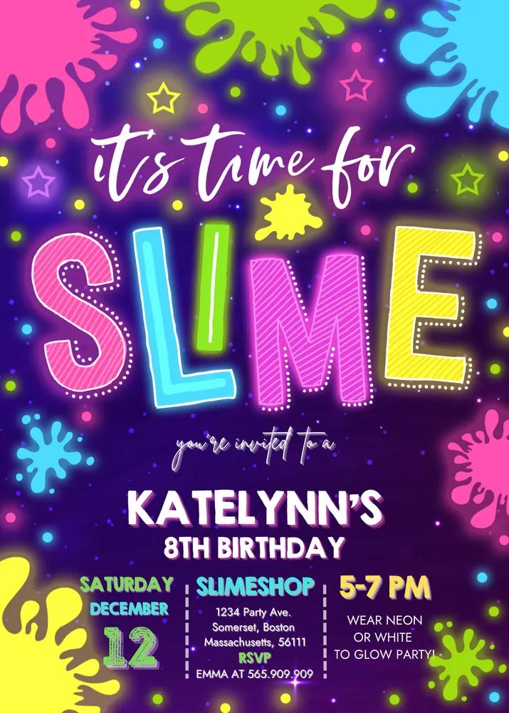 Glow Slime Birthday Invitation - Neon Slime Party Canva Template