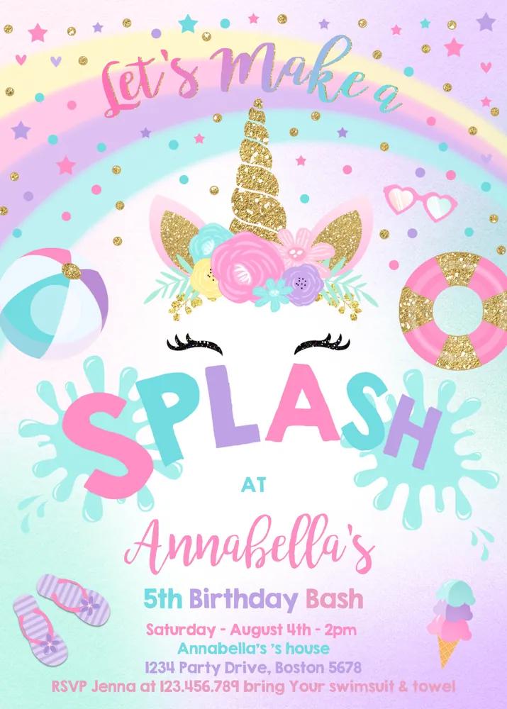 Unicorn Pool Party Invitation - Editable Canva Template Splish Splash Bash
