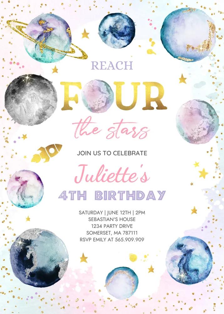 Reach For The Stars Space Birthday Invitation Pink Galaxy Canva Template