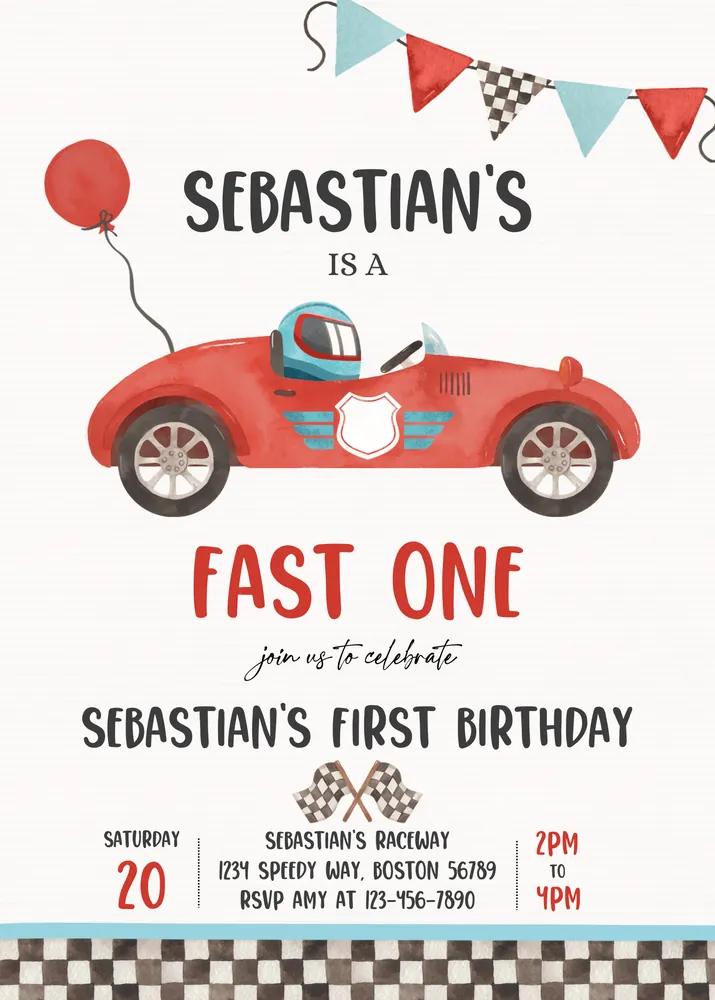 Vintage Red Race Car 1st Birthday Invitation | Fast One Canva Template