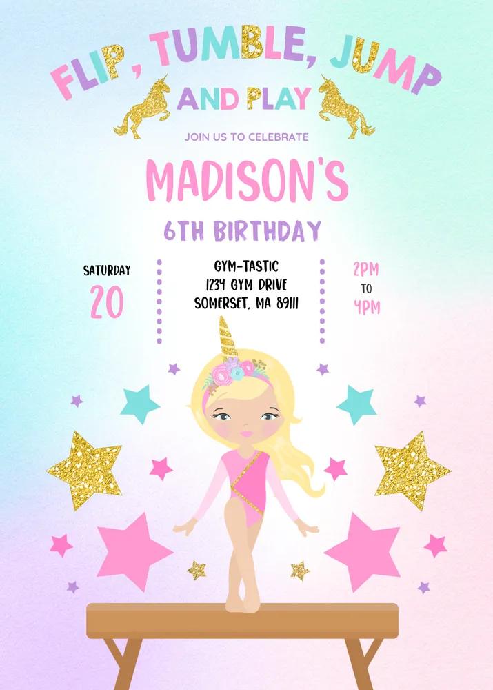 Gymnastics Unicorn Birthday Invitation - Editable Canva Template