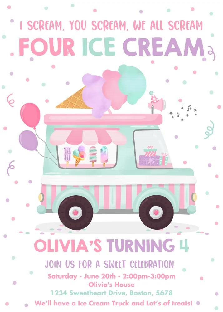Ice Cream Truck 4th Birthday Invitation, Editable Canva Template, I Scream For 4