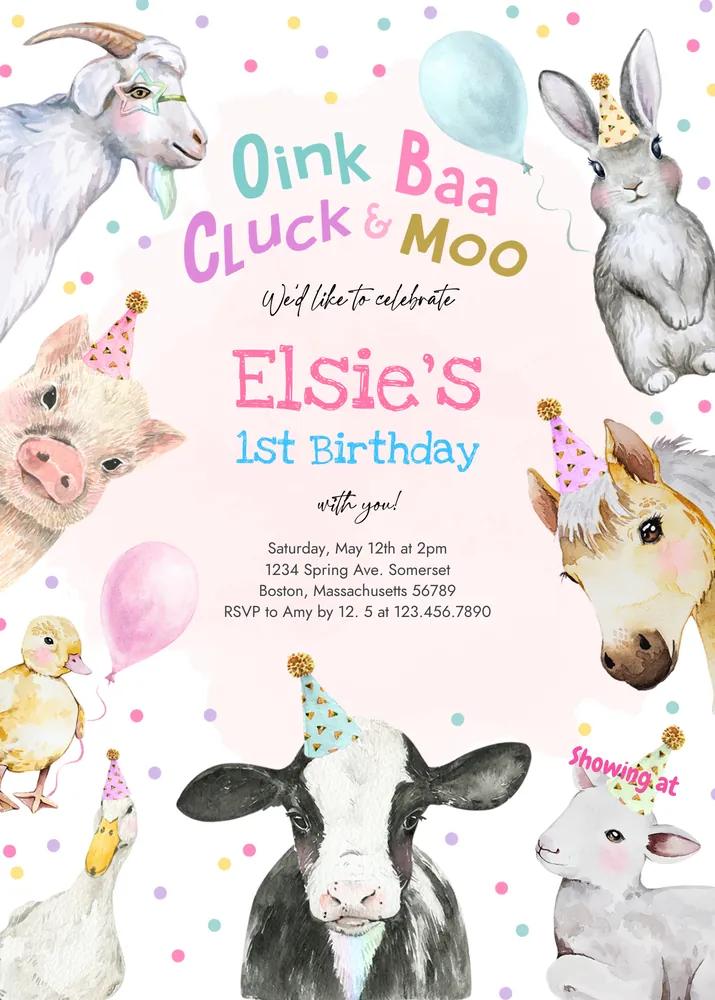 Pink Farm Animals 1st Birthday Invitation, Editable Canva Girl Barnyard Template
