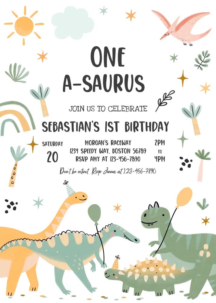 One-A-Saurus Dinosaur 1st Birthday Invitation | Editable Canva Template