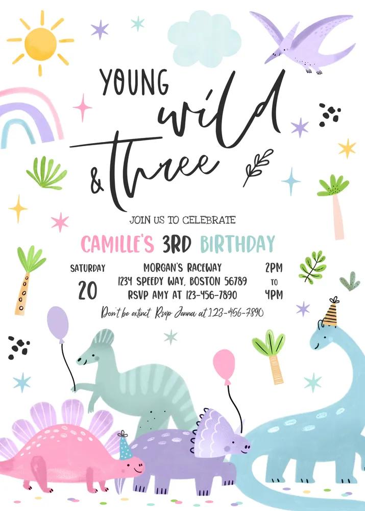Dinosaur Young Wild and Three Birthday Party Invitation Canva Template
