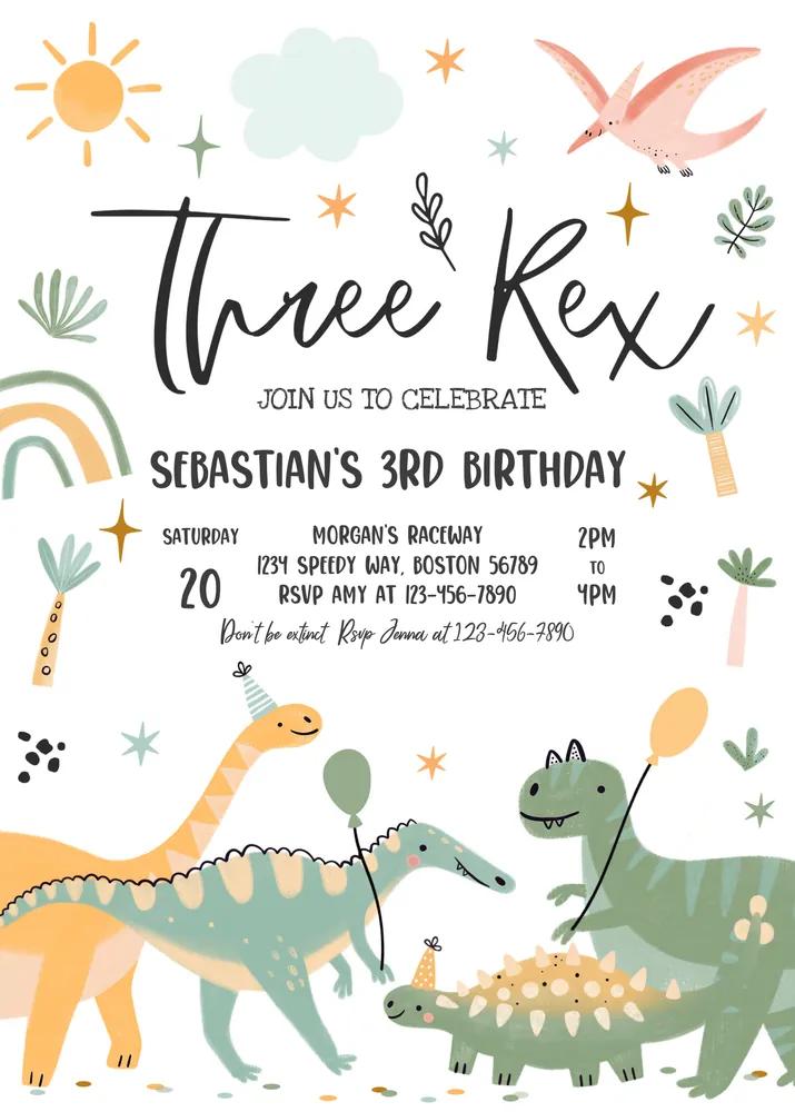 Dinosaur Three Rex Birthday Party Invitation | Editable Canva Template