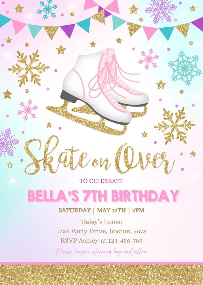 Editable Pink and Gold Ice Skating Birthday Invitation Canva Template