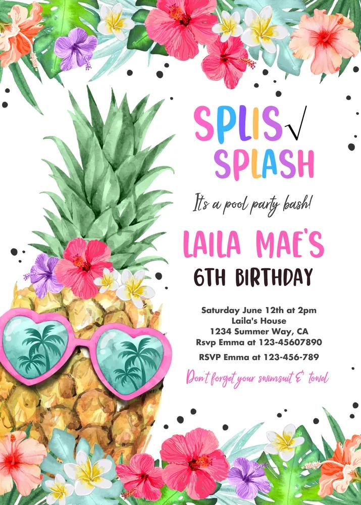 Tropical Pineapple Pool Party Invitation | Hawaiian Luau Birthday Canva Template