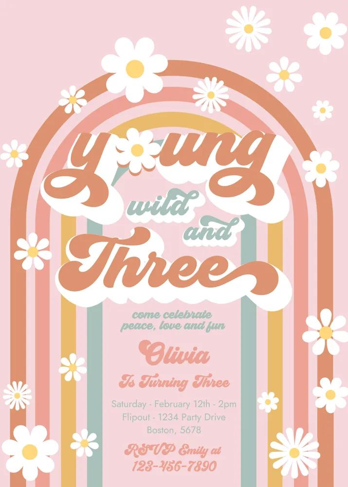 Young Wild and Three 3rd Birthday Invitation | Editable Canva Template