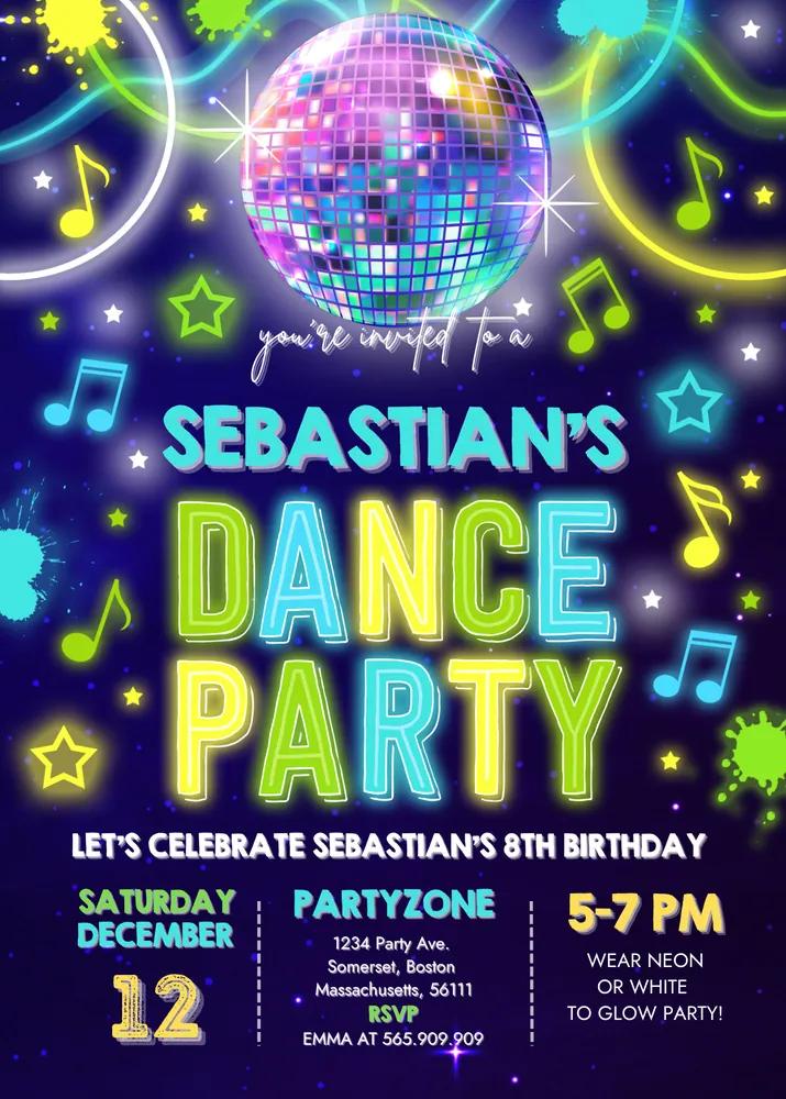 Glow Dance Party Invitation | Neon Disco Birthday Canva Template