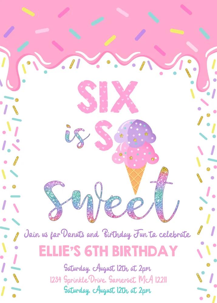 Ice Cream 6th Birthday Invitation | Editable Canva Template | Six is So Sweet