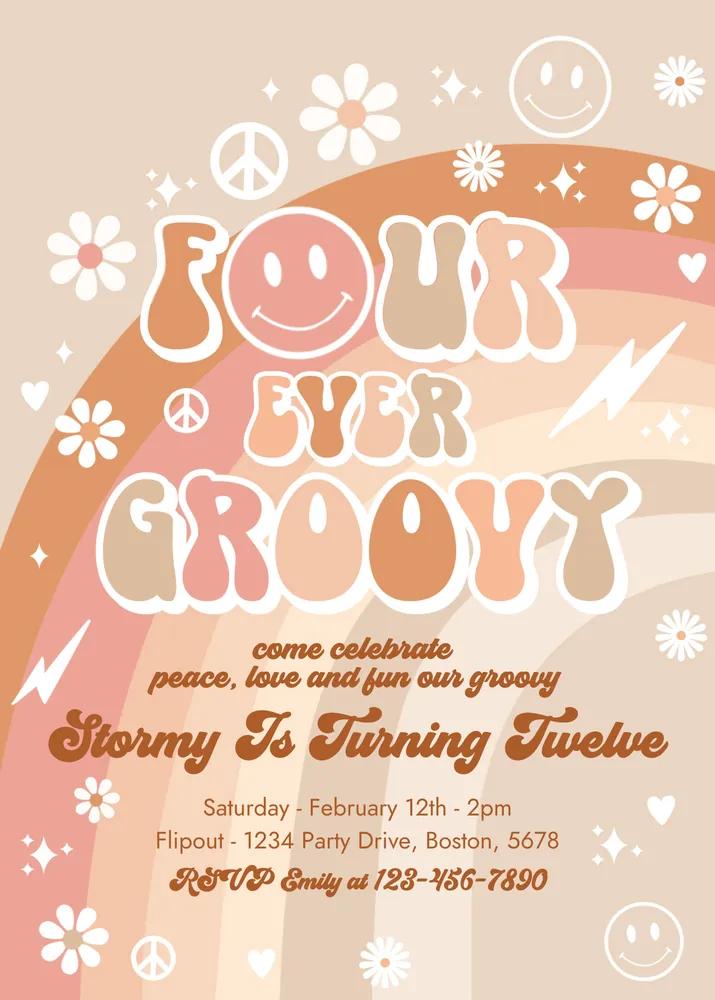 Four Ever Groovy 4th Birthday Invitation | Editable Canva Template