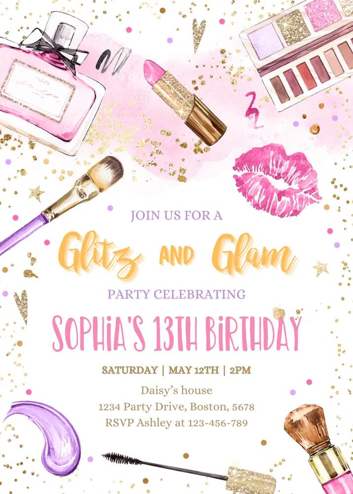 Glitz and Glam Spa Makeup Birthday Invitation Canva Template Blush Pink Gold