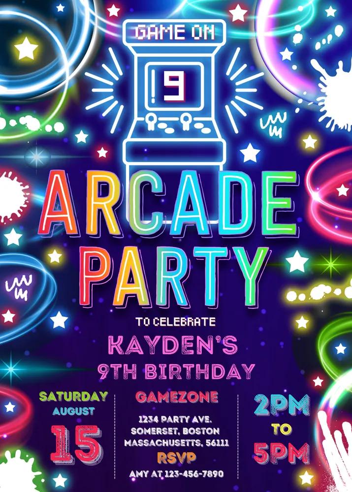 Arcade Party Birthday Invitation | Neon Glow Retro Video Gaming Canva Template
