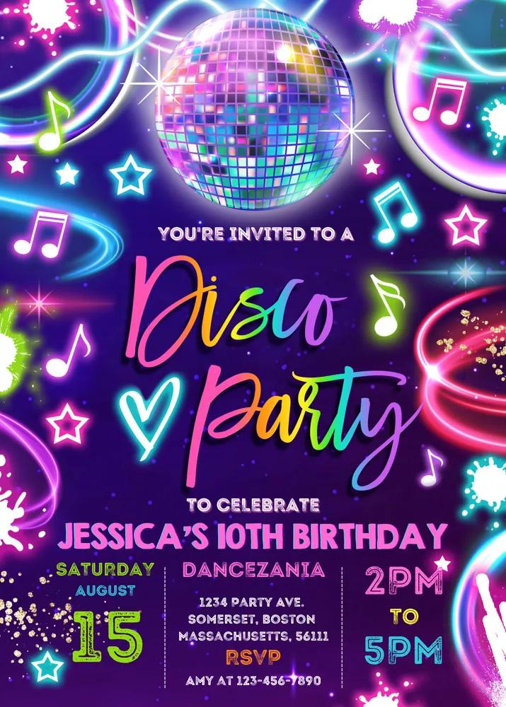 Neon Glow Disco Party Invitation | Editable Canva Template Instant Download