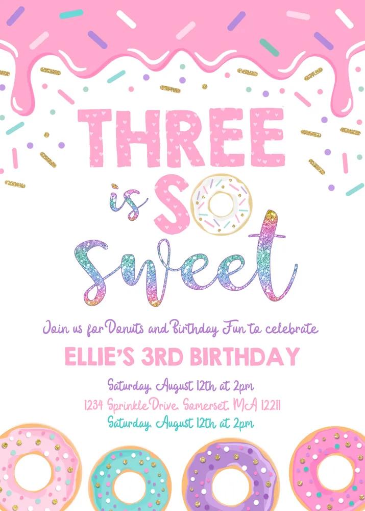 Donut Three Is Sweet Birthday Invitation | 3rd Birthday Canva Template
