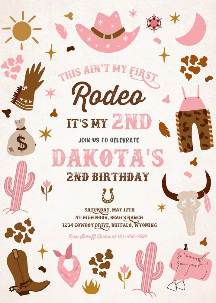 Editable 2nd Rodeo Cowgirl Birthday Invitation Pink Wild West Canva