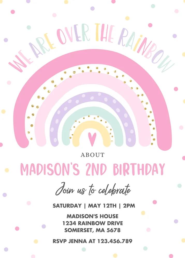 Editable Pink Rainbow Birthday Invitation - Pastel Modern Canva Template