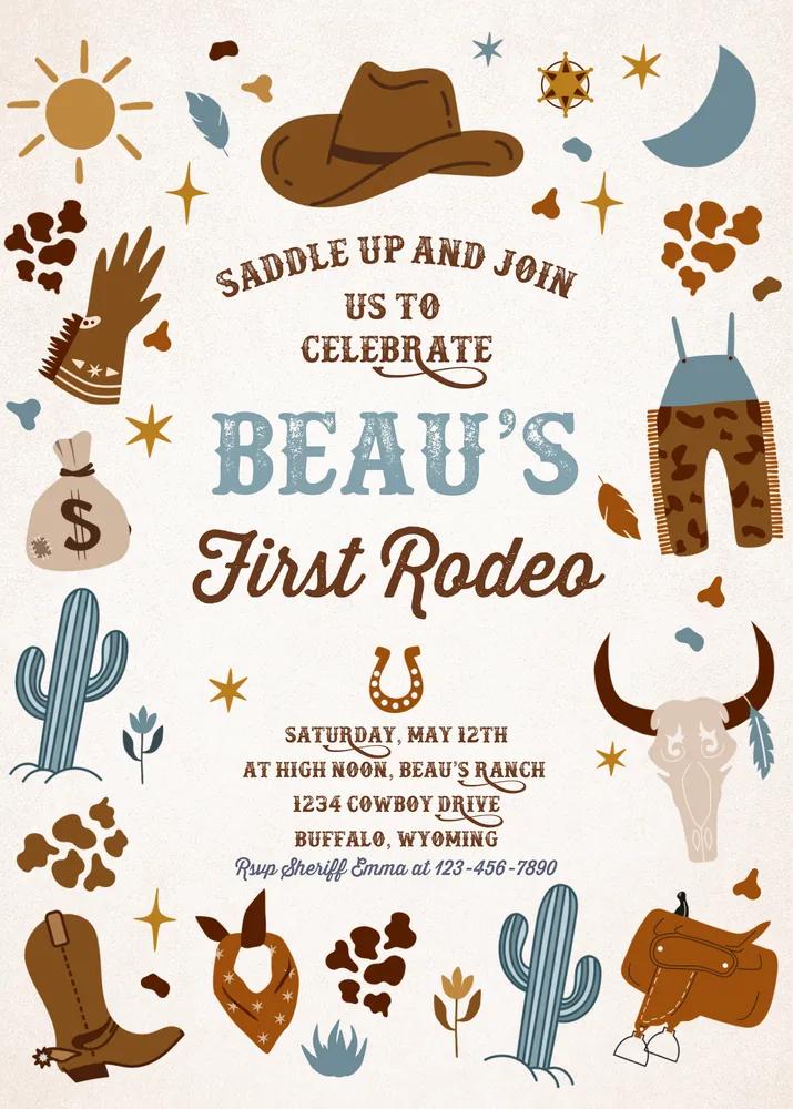 Cowboy 1st Rodeo Birthday Invitation, Wild West Ranch Editable Canva Template