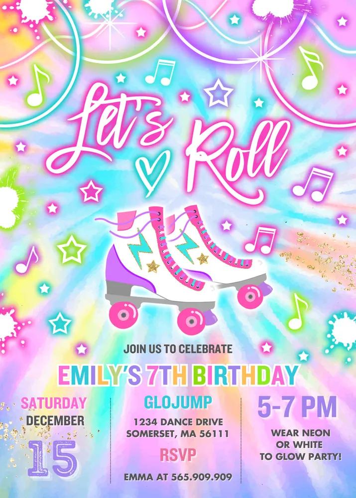 Glow Tie Dye Roller Skating Invitation Canva Template | Neon Skate Party Invite