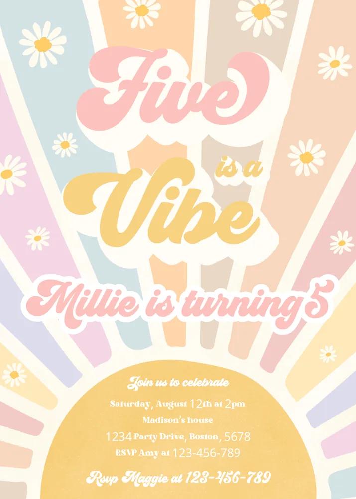 Five Is A Vibe Birthday Invitation | Retro Daisy 5th Birthday Canva Template