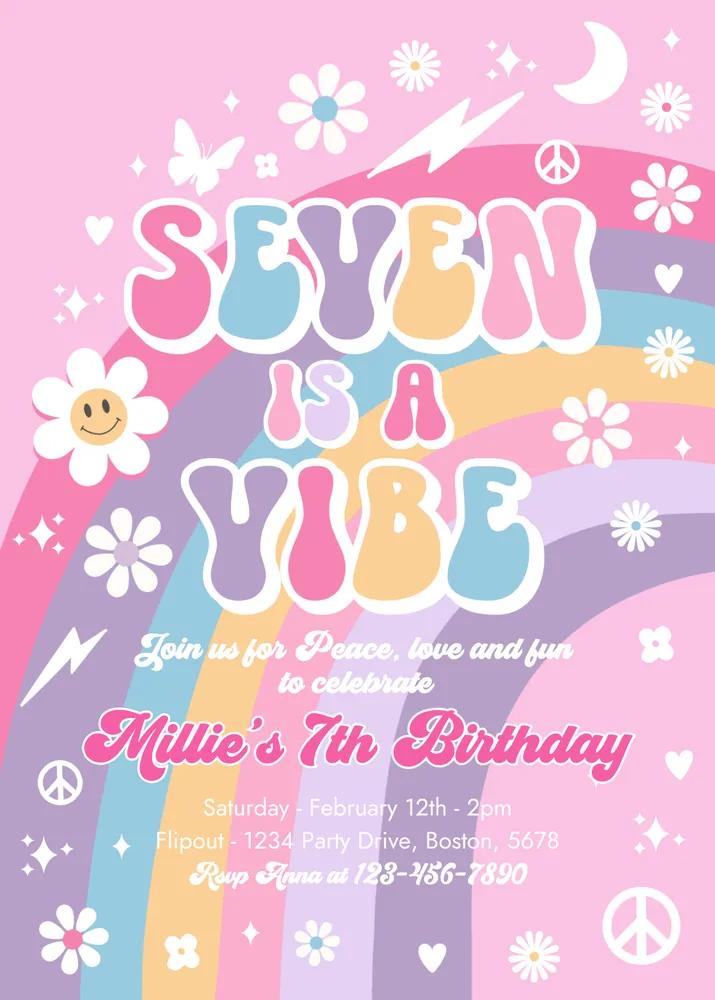 Seven Is A Vibe Groovy 7th Birthday Invitation | Editable Canva Template