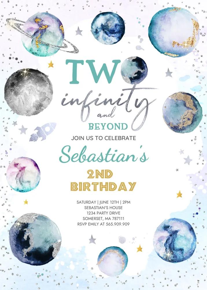 Two Infinity and Beyond Space Birthday Invitation Canva Template Boy