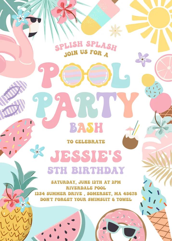 Tropical Pool Party Invitation | Girls Summer Splash Pad Canva Template