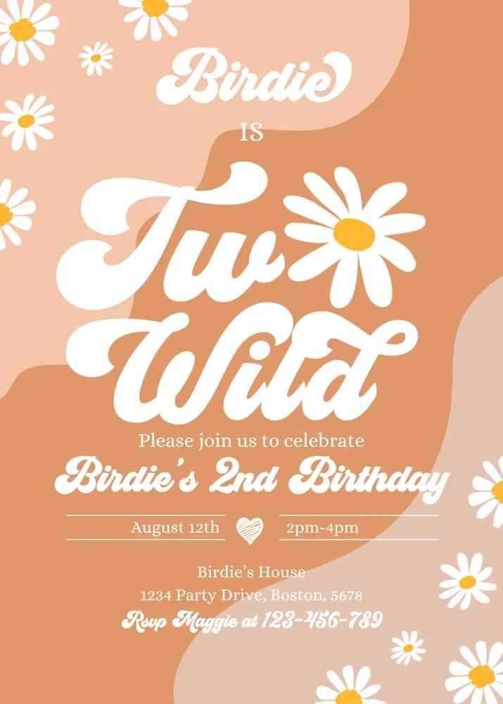 Two Wild 2nd Birthday Invitation Boho Daisy Groovy Hippie Canva Template