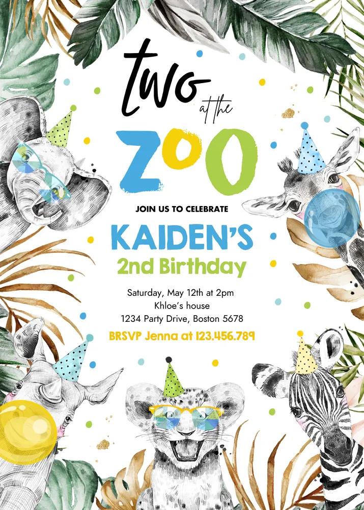 Two At The Zoo Birthday Invitation | Safari Animals 2nd Birthday Canva Template