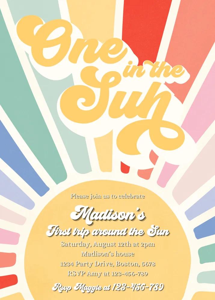 Sunshine 1st Birthday Invitation Boho Retro Muted Rainbow Turning One