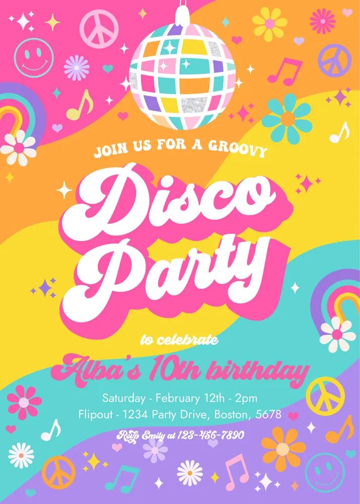 Groovy Disco Party Invitation | Retro 70s Floral Birthday Canva Template