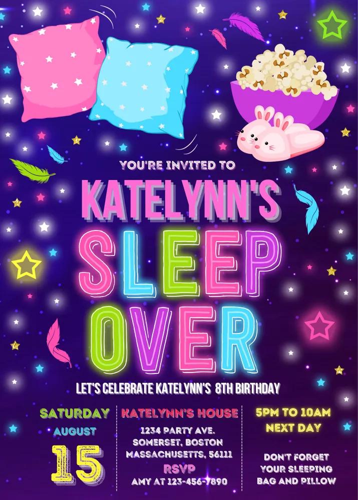 Neon Glow Sleepover Invitation | Editable Canva Slumber Party Template