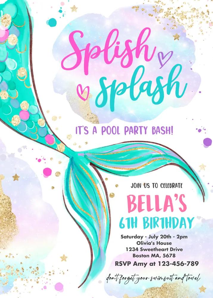 Mermaid Pool Party Birthday Invitation Canva Template | Editable Pink and Gold