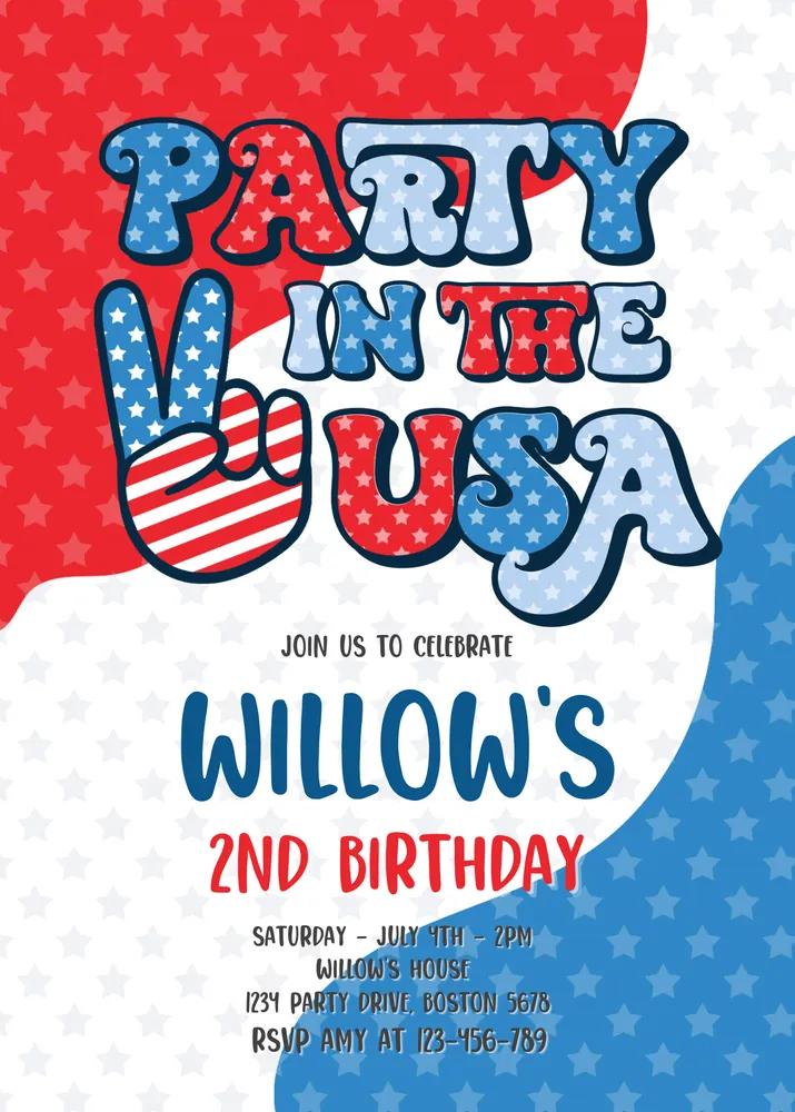 Retro 4th of July Birthday Invitation | Groovy Party in the USA Canva Template