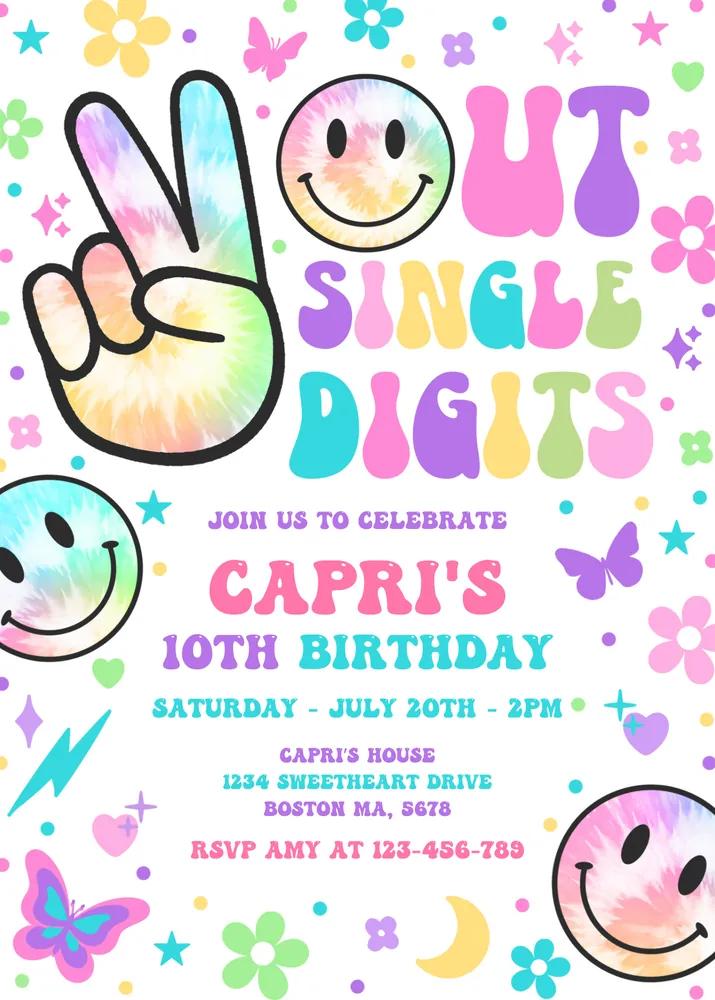 Peace Out Single Digits Tie Dye 10th Birthday Invitation Canva Template