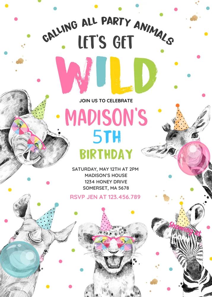 Party Animals Birthday Invitation | Girl Safari Canva Template Instant Download