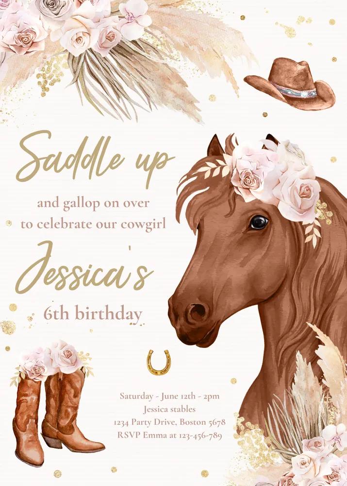 Boho Cowgirl Birthday Invitation Canva Template | Horse Party Invite