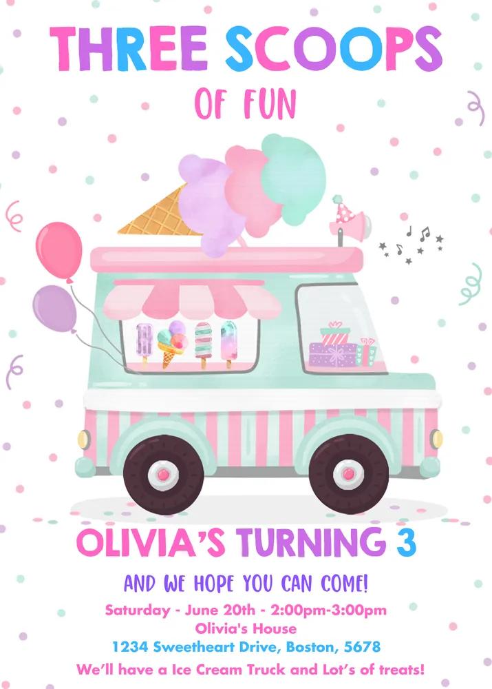 Ice Cream Truck 3rd Birthday Invitation Three Scoops of Fun Canva Template