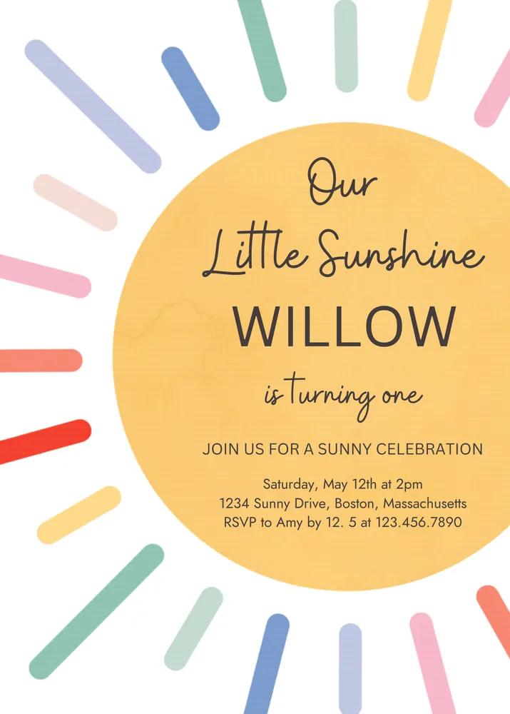 Boho Little Sunshine 1st Birthday Invitation Canva Template Muted Rainbow