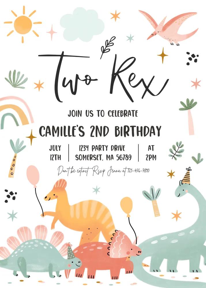Dinosaur Two Rex 2nd Birthday Invitation | Editable Canva Template