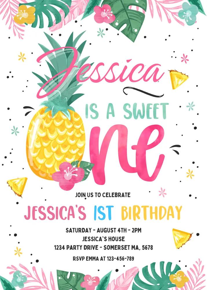 Pineapple 1st Birthday Invitation | Editable Luau Sweet One Canva Template