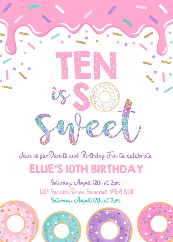 Donut Ten Is Sweet 10th Birthday Invitation | Editable Canva Template