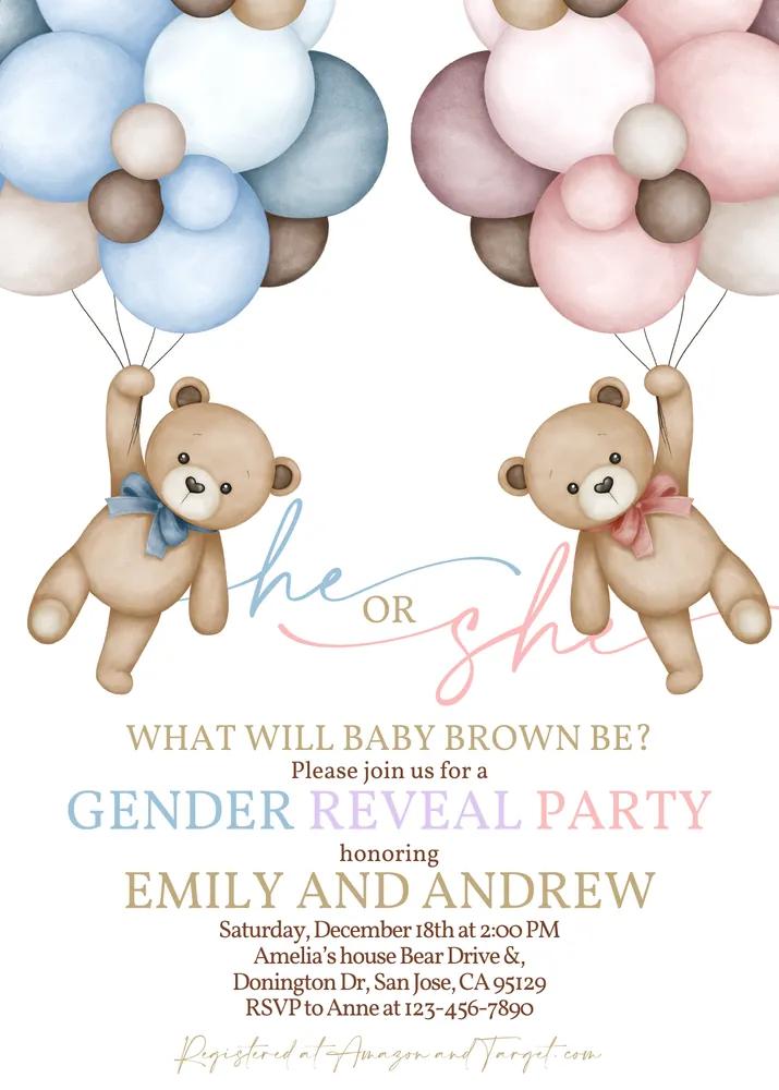 Teddy Bear Gender Reveal Invitation Canva Template Boho Pampas Grass Hot Air Balloon
