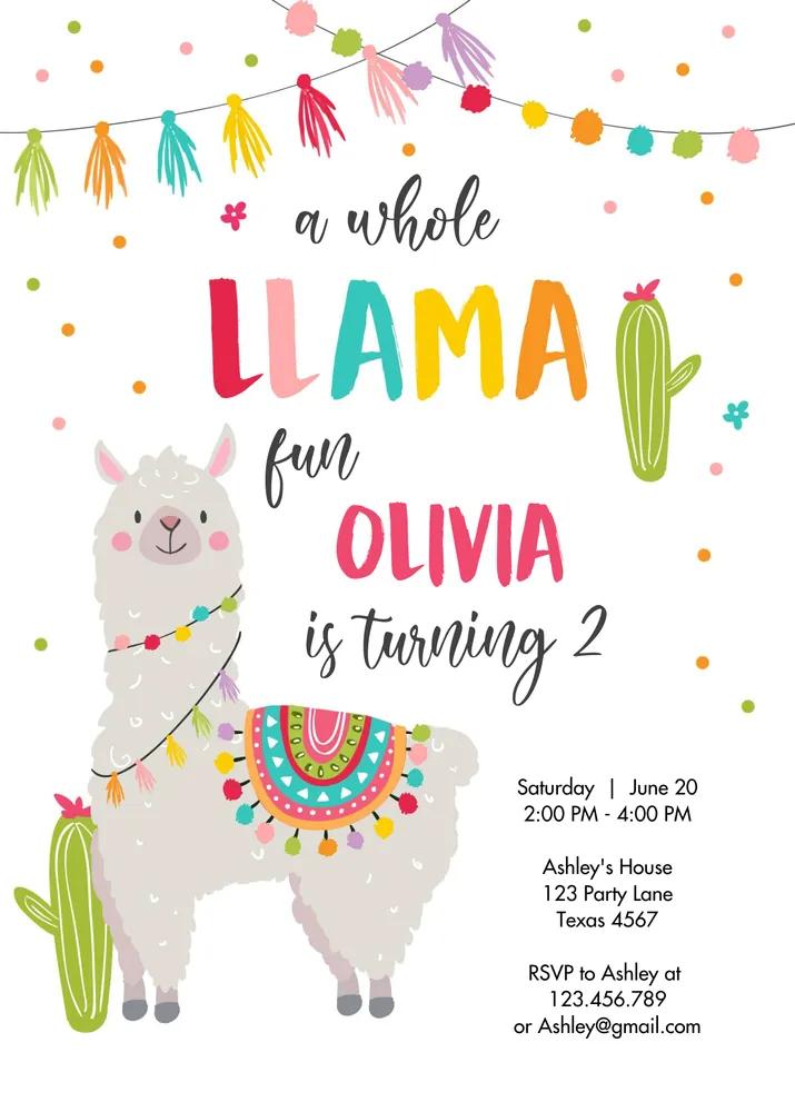 Editable Llama Birthday Invitation - Girls Pink Fiesta Canva Template