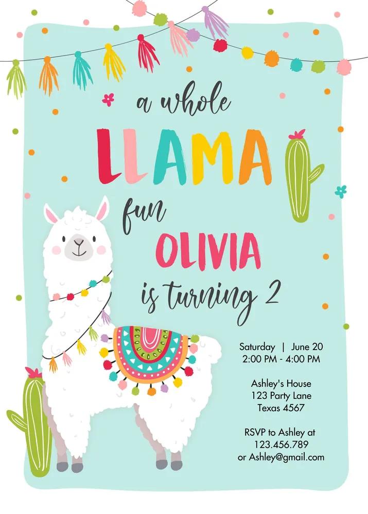 Llama Birthday Invitation | Blue Fiesta Cactus Alpaca Canva Template