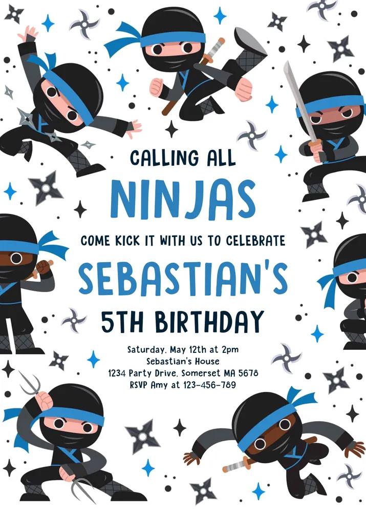 Ninja Birthday Party Invitation - Blue Karate Martial Arts Canva Template
